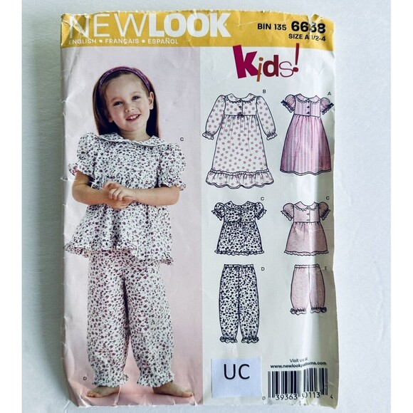 New Look 6638 Sewing Pattern Pajamas Nightgown Sleepwear Toddler Girl 1-4 UNCUT - Picture 1 of 2